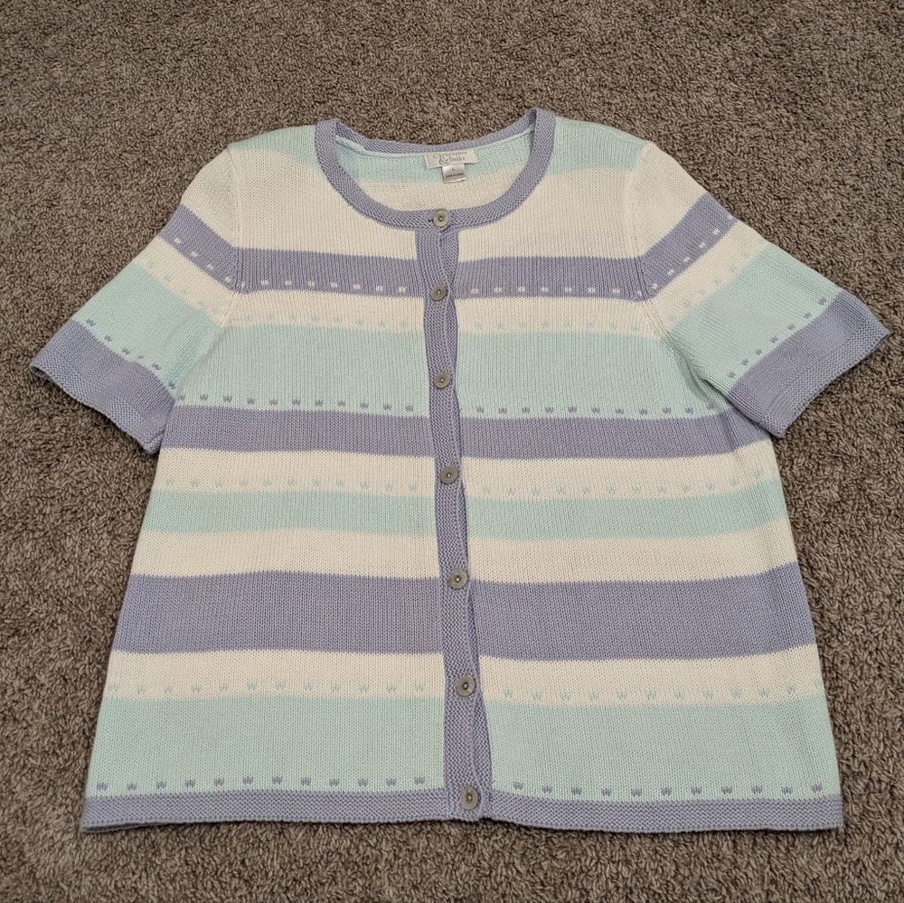 Christopher & Banks pastel striped short sleeve knit button up cardigan sweater